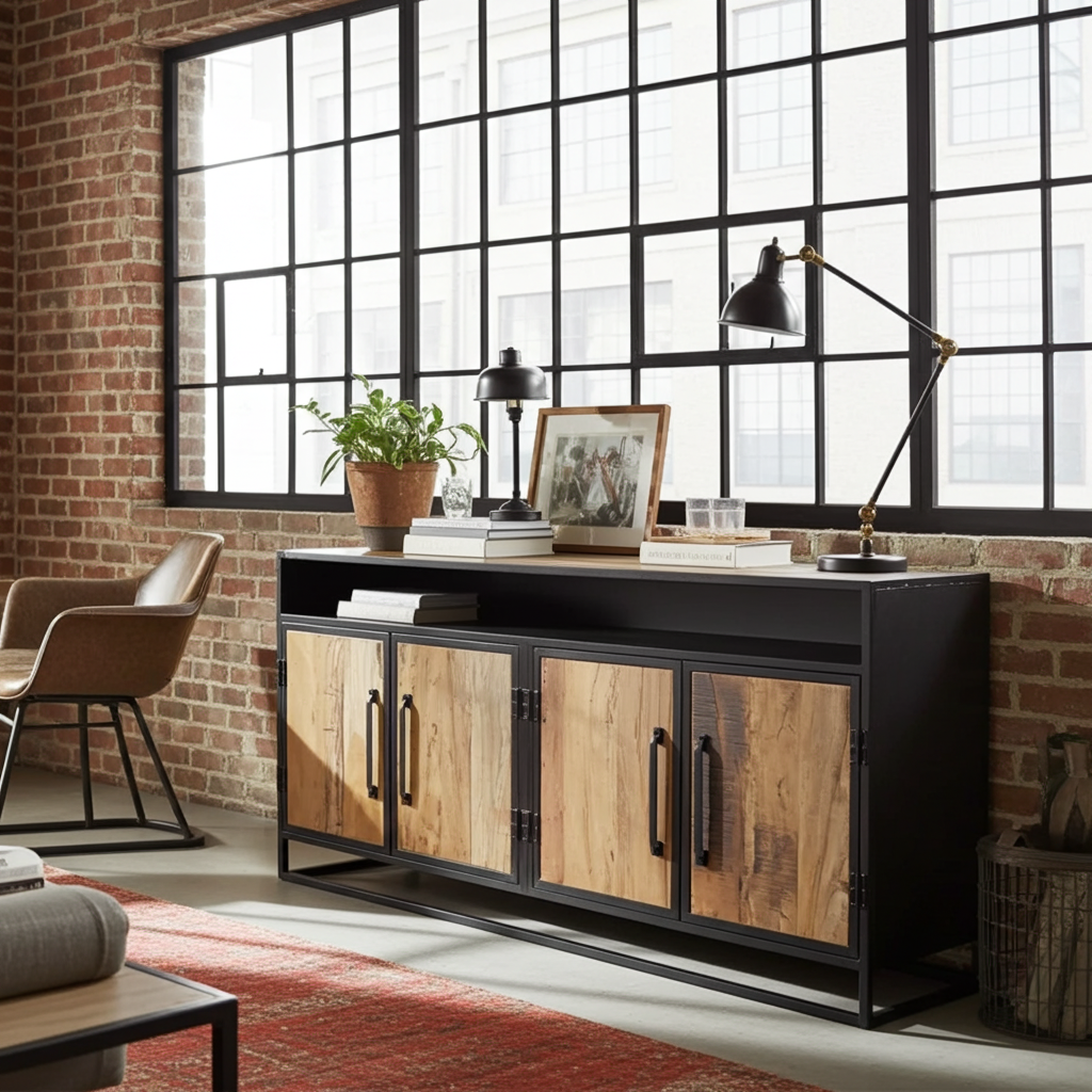 Buffet bois Recyclé sur structure d'acier noir