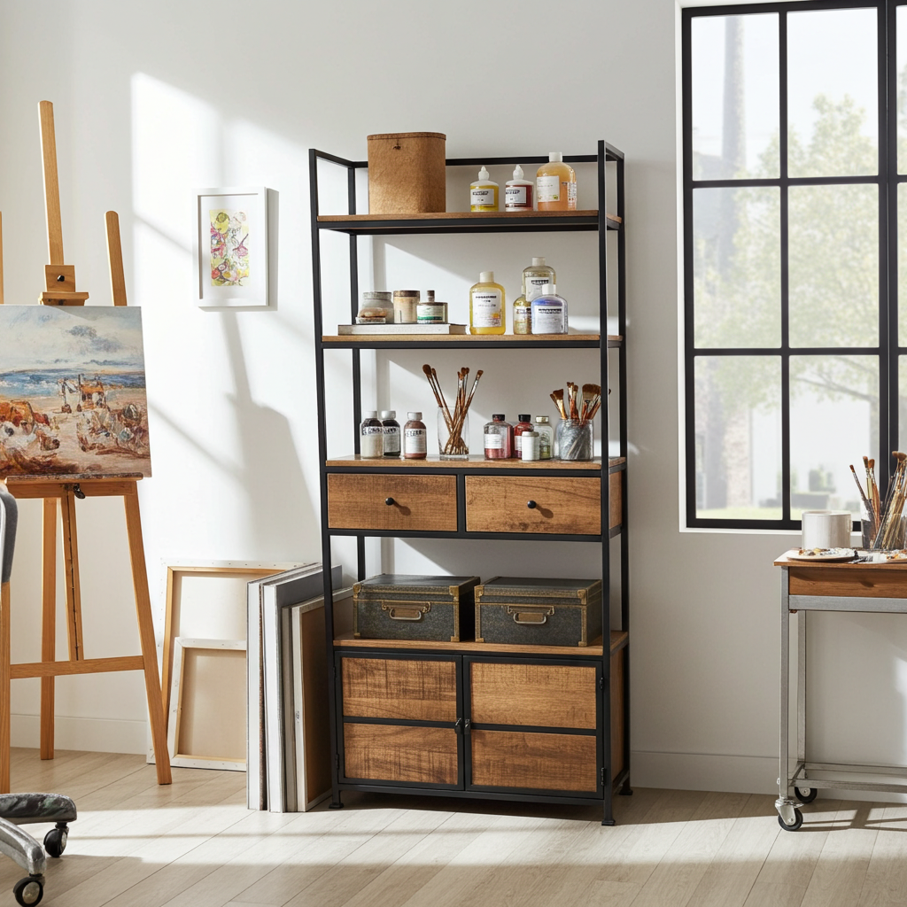 Étagère Style industrielle en bois de manguier et acier noir avec 2 tiroirs