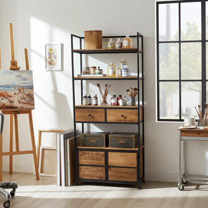 Étagère Style industrielle en bois de manguier et acier noir avec 2 tiroirs