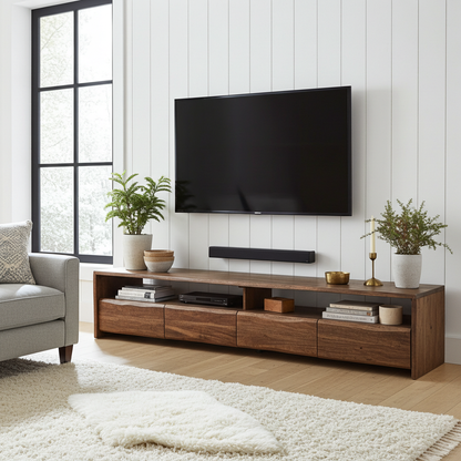 Meuble télé en bois d'Acacia Live Edge (Walnut) avec 4 tiroirs