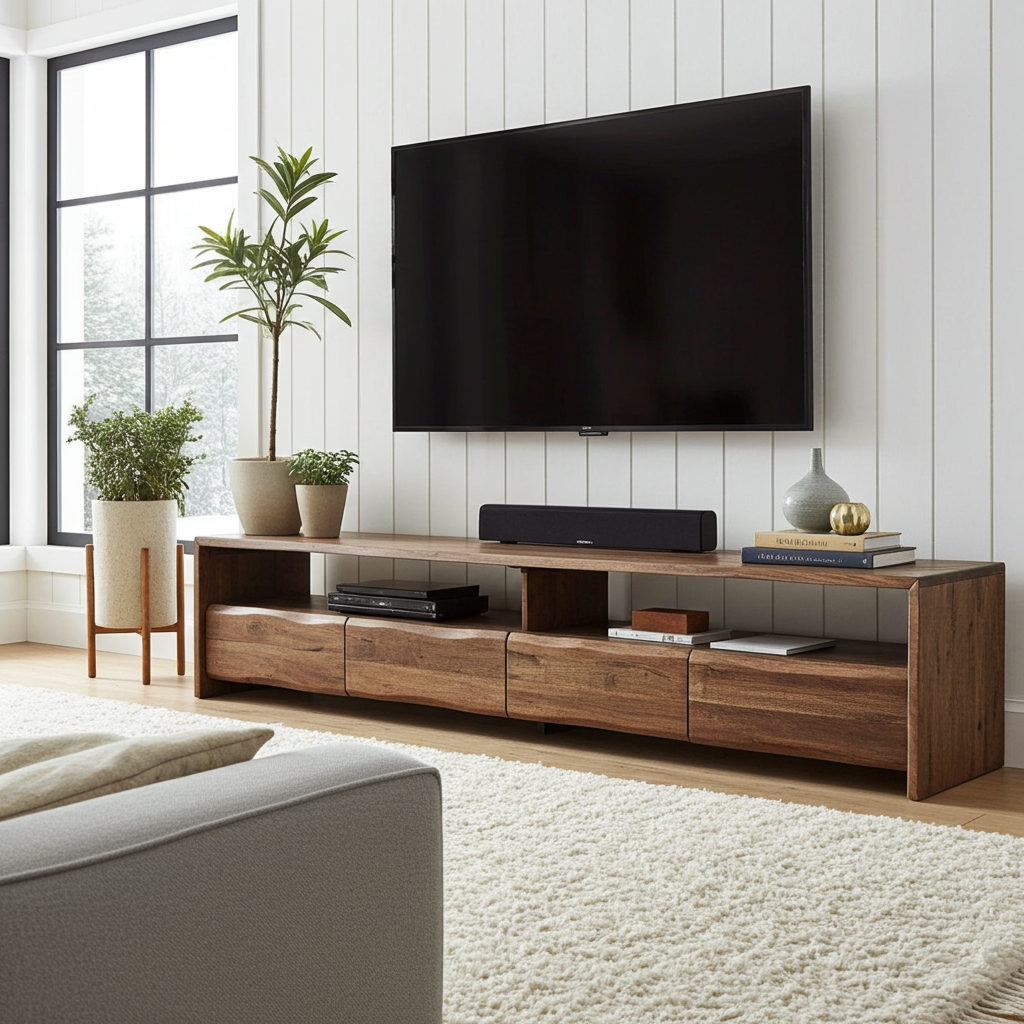 Meuble télé en bois d'Acacia Live Edge (Walnut) avec 4 tiroirs