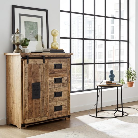 Meuble Commode Farmhouse en bois de manguier brut porte coulissante