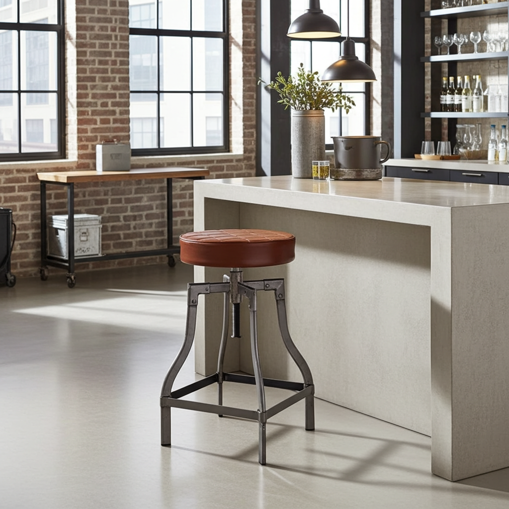 Tabouret de comptoir en cuir ajustable base d'acier noir ou brut