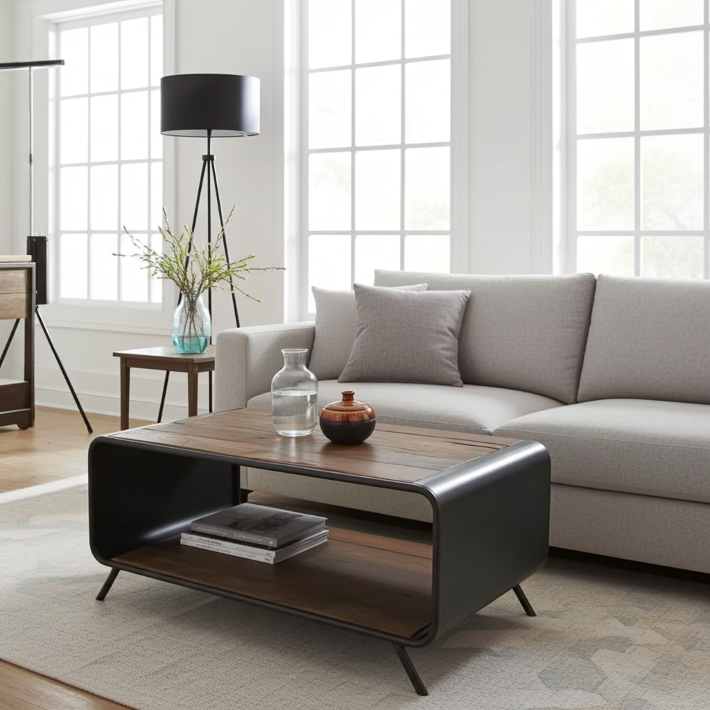 Retro coffee table made of recycled wood and steel