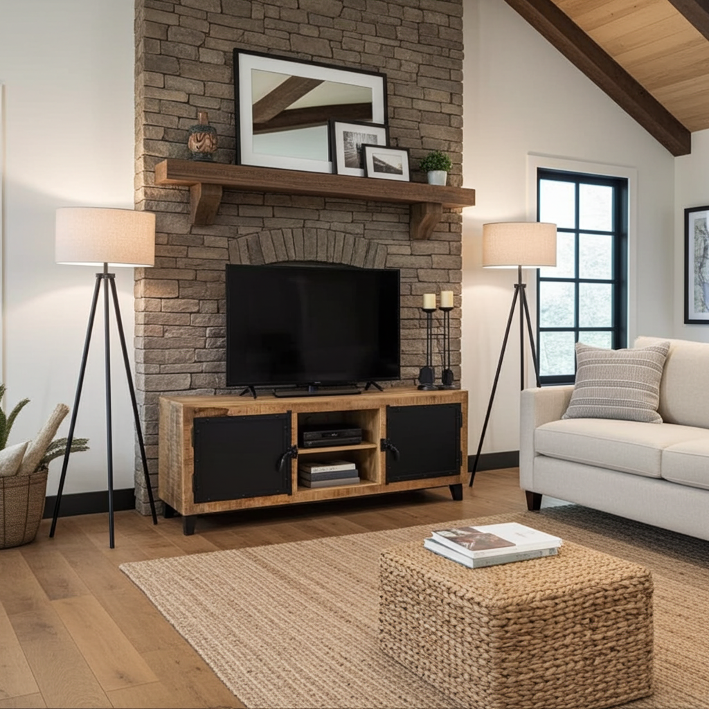 Mango wood TV cabinet with black steel door