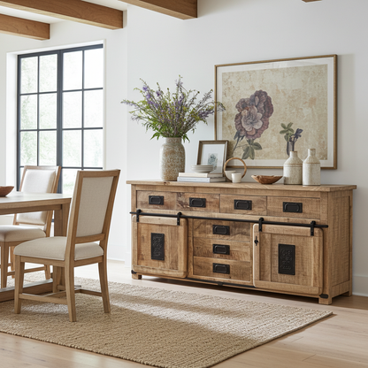 Buffet Farmhouse en bois de manguier brut avec portes coulissantes