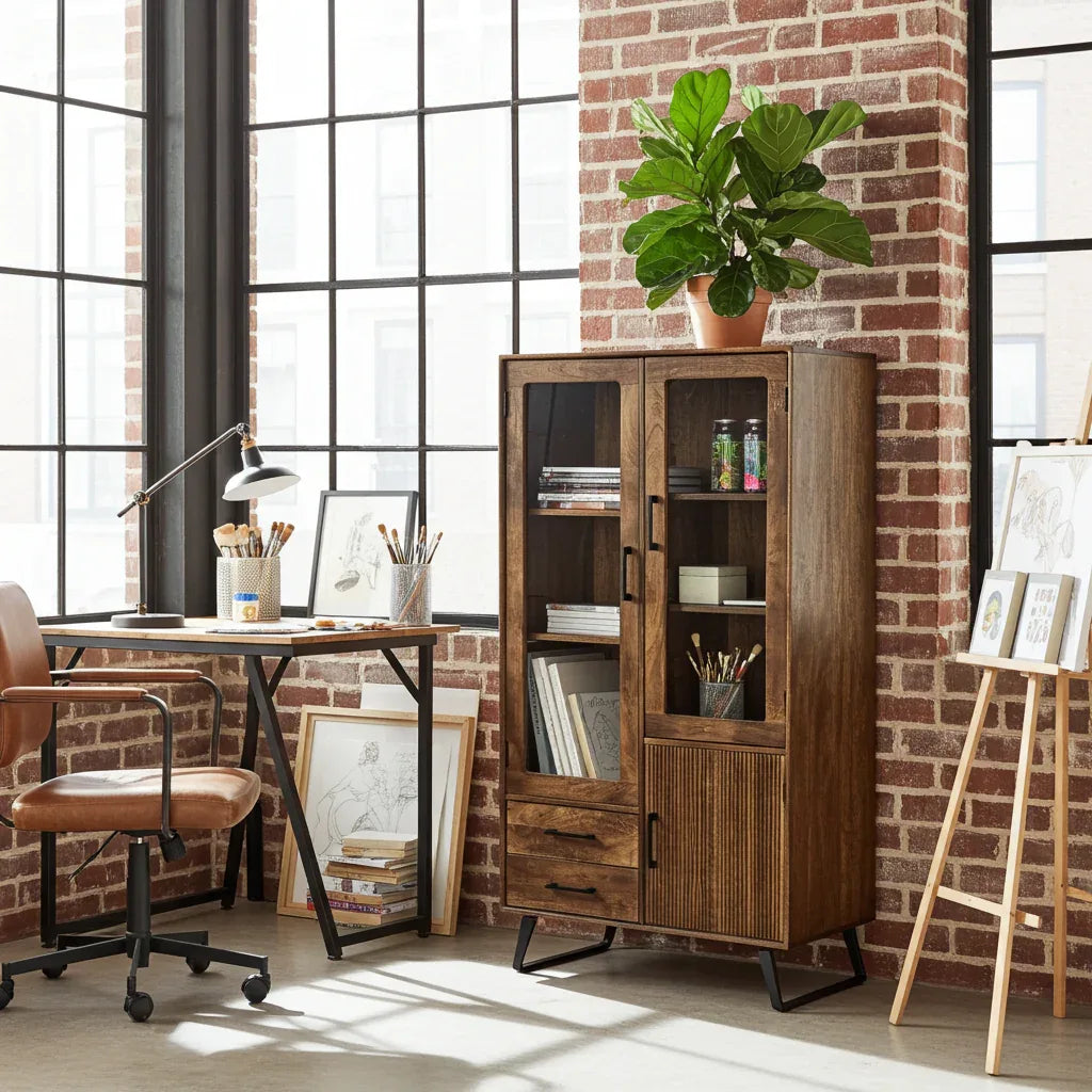 Armoire Arezzo en bois de manguier portes vitrées
