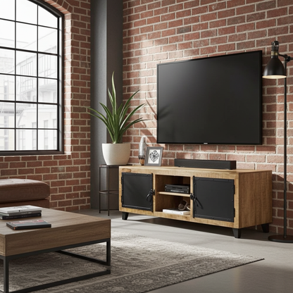 Mango wood TV cabinet with black steel door