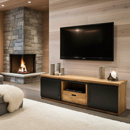 Meuble télé en bois de manguier avec 2 portes coulissantes en acier