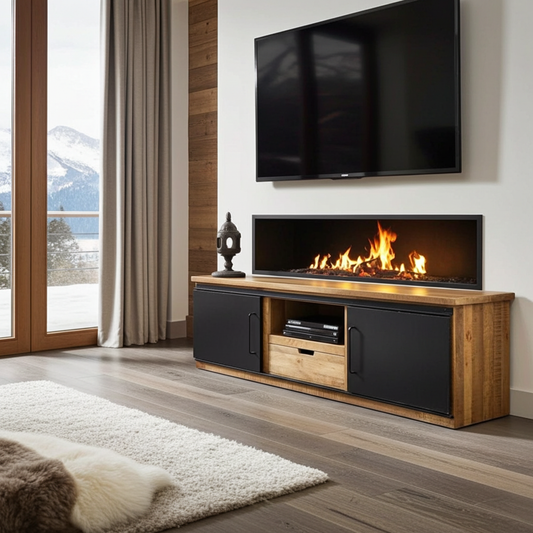 Meuble télé en bois de manguier avec 2 portes coulissantes en acier