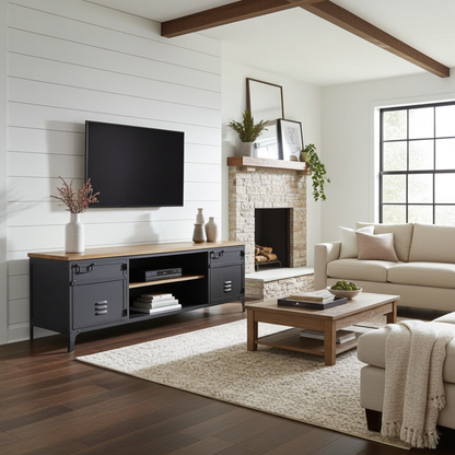 Meuble télé industriel en acier noir style casier dessus en bois de manguier