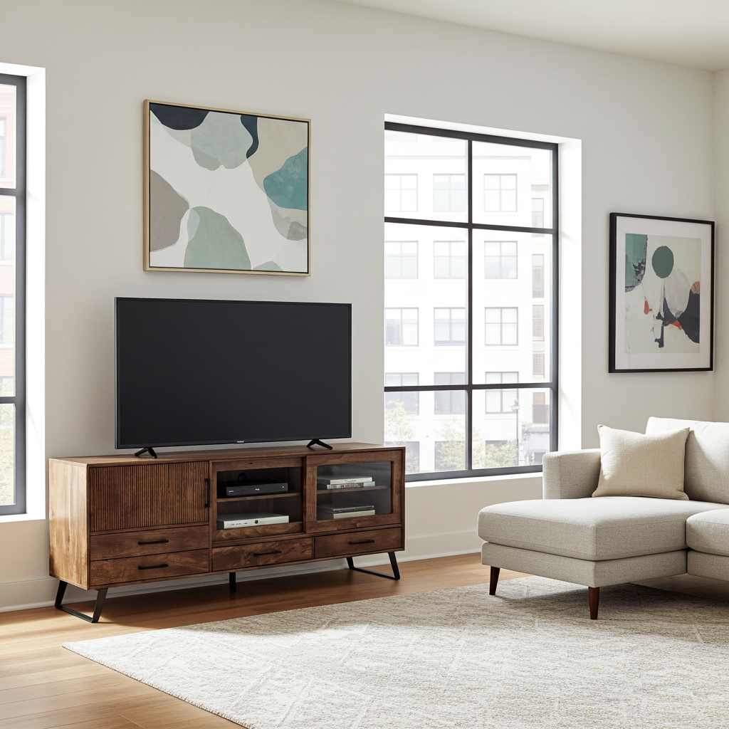 Meuble Télé Arezzo en bois de manguier portes coulissantes vitrées