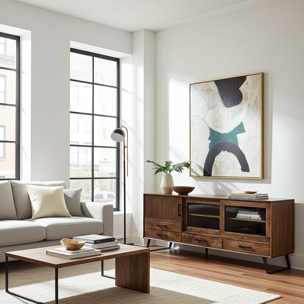 Meuble Télé Arezzo en bois de manguier portes coulissantes vitrées