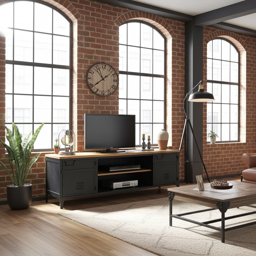 Meuble télé industriel en acier noir style casier dessus en bois de manguier