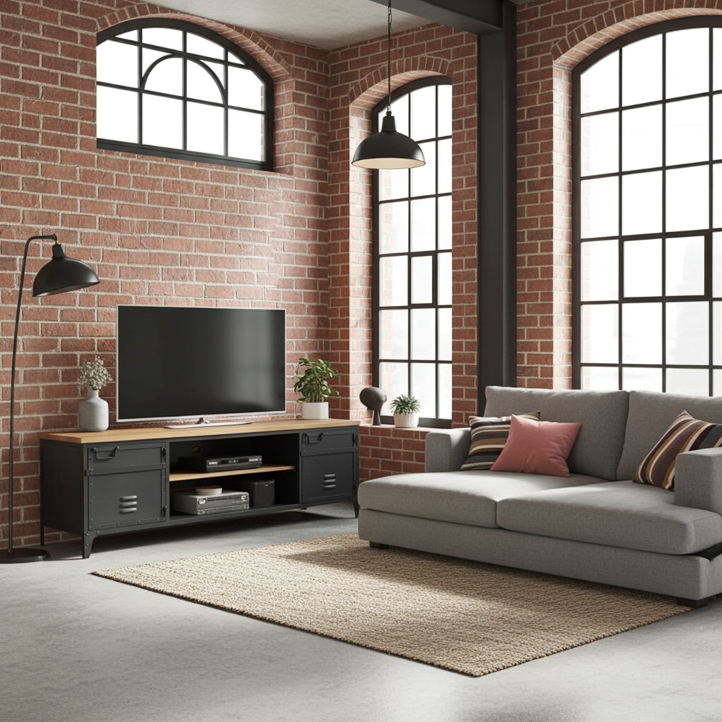 Meuble télé industriel en acier noir style casier dessus en bois de manguier