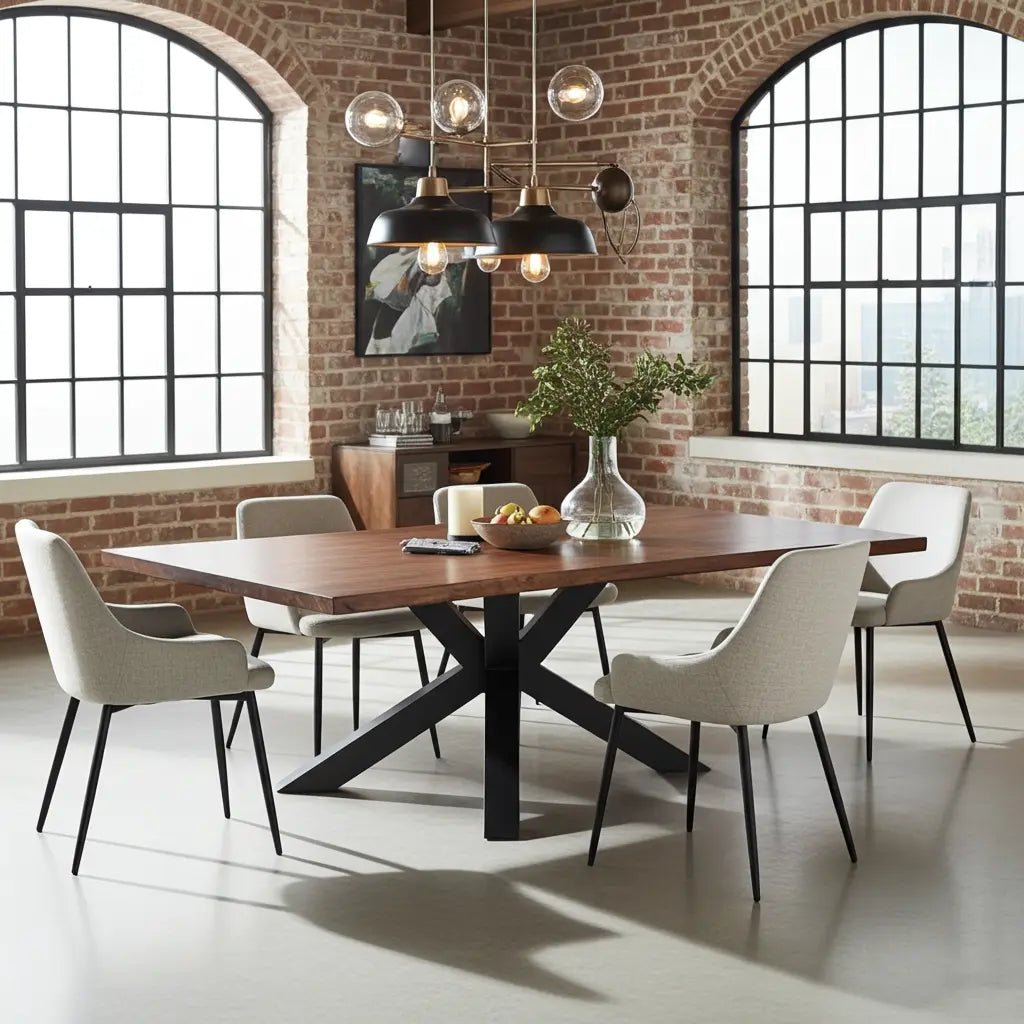 Table à diner patte Spider noir mat avec plateau en bois d'acacia brun Vindus Furniture