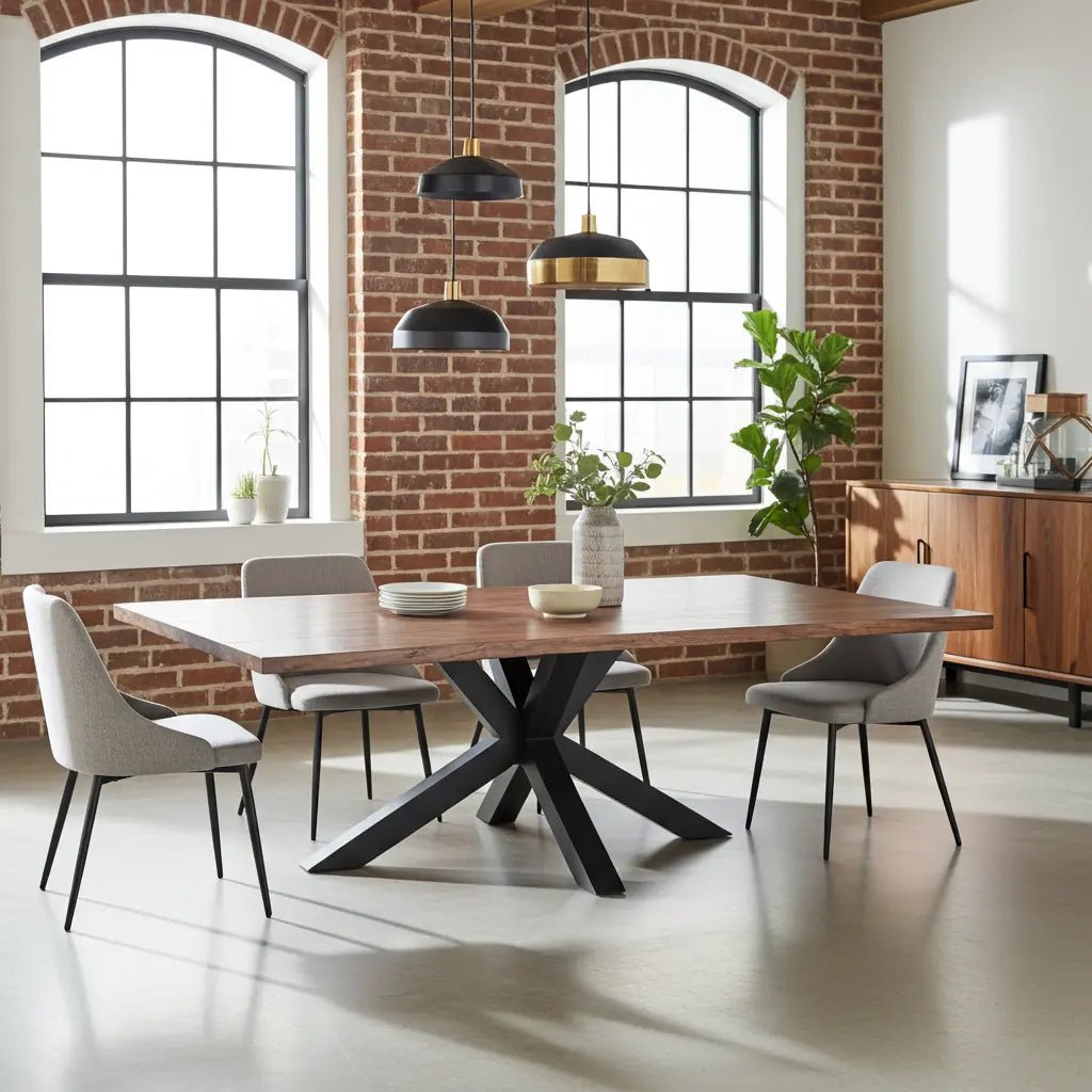 Table à diner patte Spider noir mat avec plateau en bois d'acacia brun Vindus Furniture