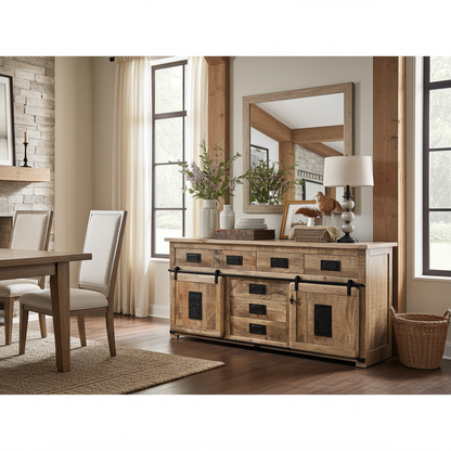 Buffet Farmhouse en bois de manguier brut avec portes coulissantes