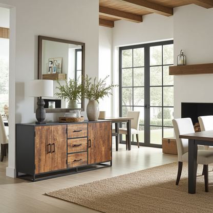 Buffet en bois de manguier et structure d'acier noir