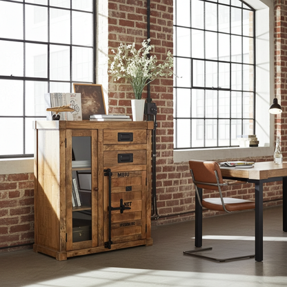 Container-style cabinet made of mango wood with glass door and 2 drawers