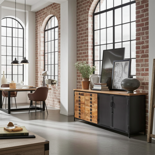 Buffet industriel en bois de manguier 4 portes bois et acier