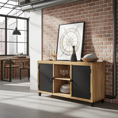 Buffet en bois de manguier avec porte en acier noir