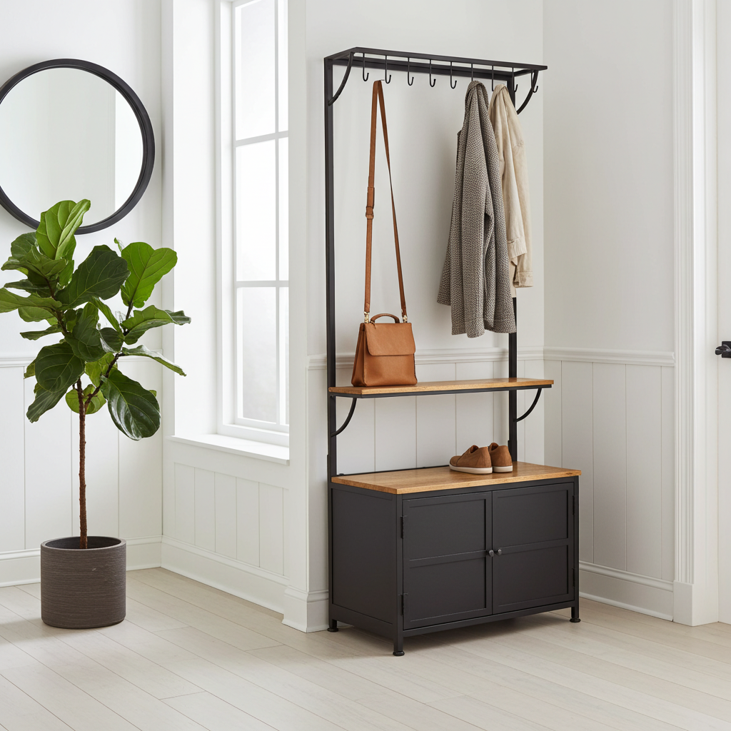 Meubles d'entrée avec banc et rangement, porte-manteau de 32 po, en bois de manguier et acier, meuble avec étagère de rangement et 8 crochets
