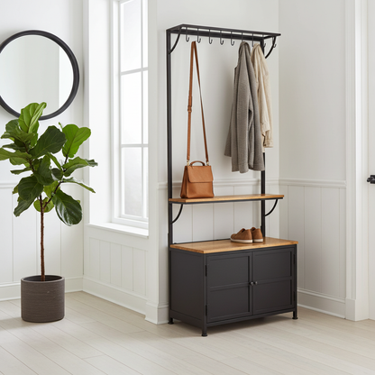 Meubles d'entrée avec banc et rangement, porte-manteau de 32 po, en bois de manguier et acier, meuble avec étagère de rangement et 8 crochets