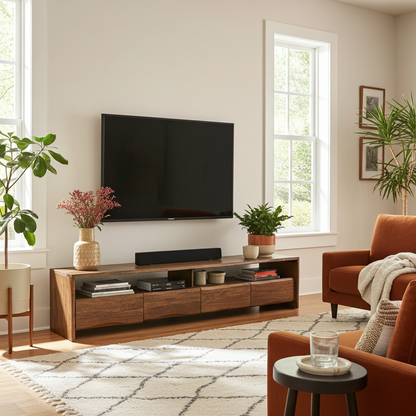 Meuble télé en bois d'Acacia Live Edge (Walnut) avec 4 tiroirs