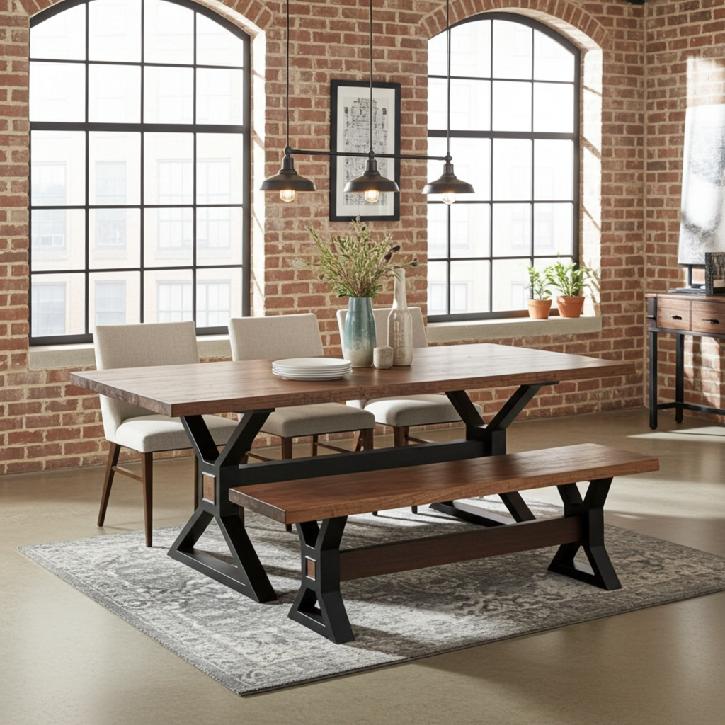 Matte black X-leg dining table with brown acacia top and 1 matte black X-leg bench in brown acacia wood