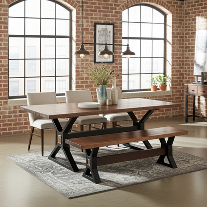 Matte black X-leg dining table with brown acacia top and 1 matte black X-leg bench in brown acacia wood