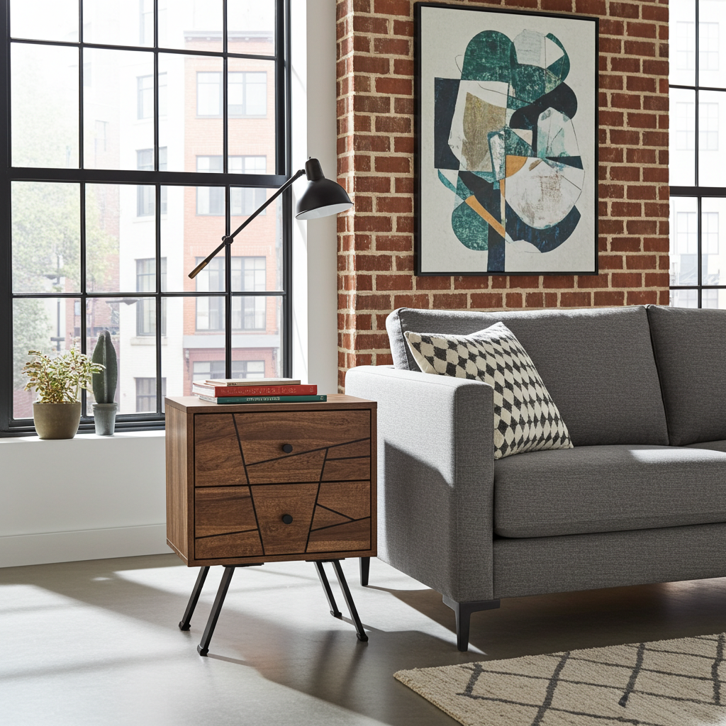 Table d'appoint style Mid-Century en bois D'Acacia avec 2 tiroirs