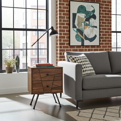 Table d'appoint style Mid-Century en bois D'Acacia avec 2 tiroirs