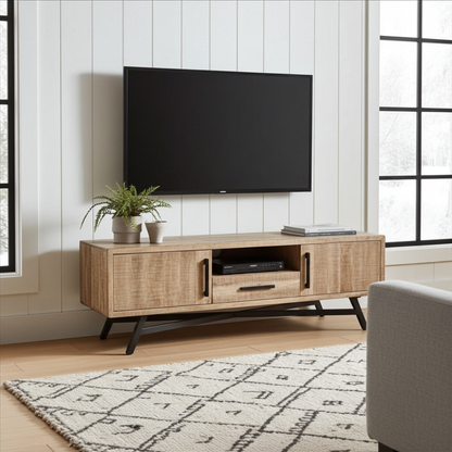 Meuble télé en bois de manguier brut sur patte en acier noir