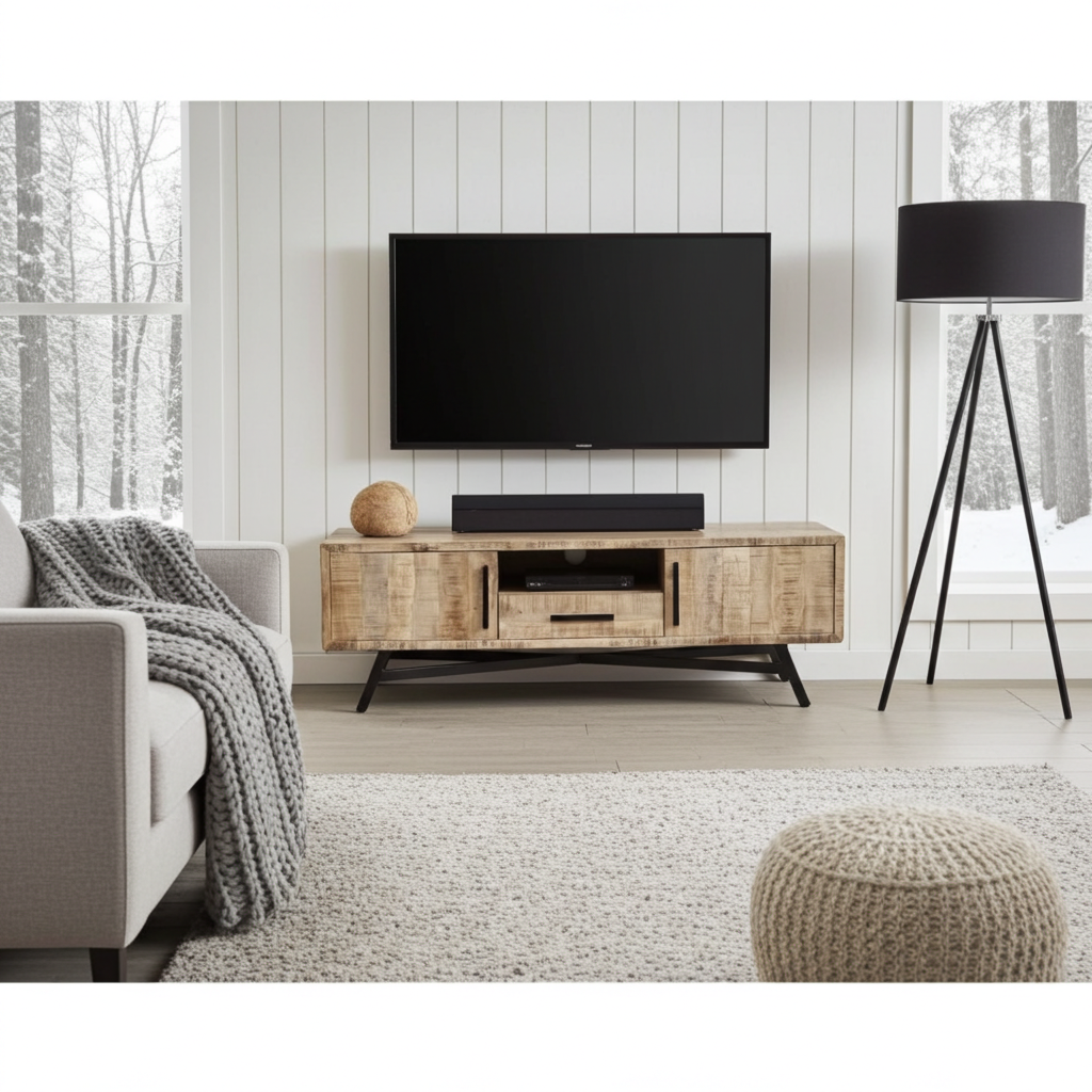 Meuble télé en bois de manguier brut sur patte en acier noir