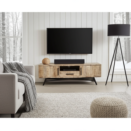 Meuble télé en bois de manguier brut sur patte en acier noir