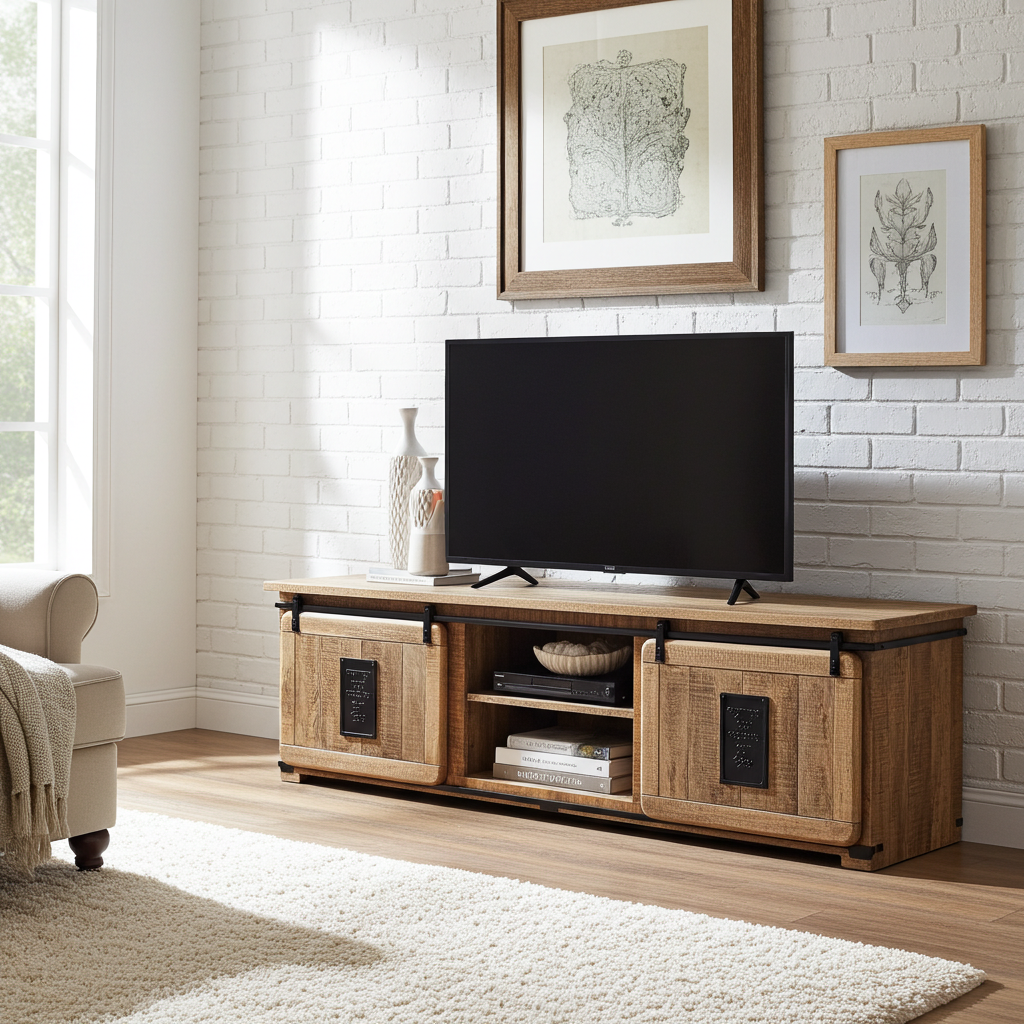 Meuble Télé Farmhouse en bois de manguier brut portes coulissantes