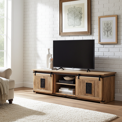 Meuble Télé Farmhouse en bois de manguier brut portes coulissantes