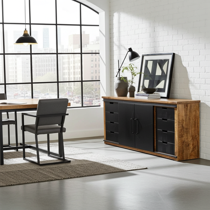 Buffet en bois de manguier avec double portes coulissantes en acier tiroirs noir