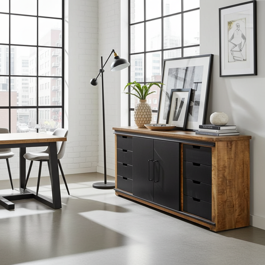 Buffet en bois de manguier avec double portes coulissantes en acier tiroirs noir