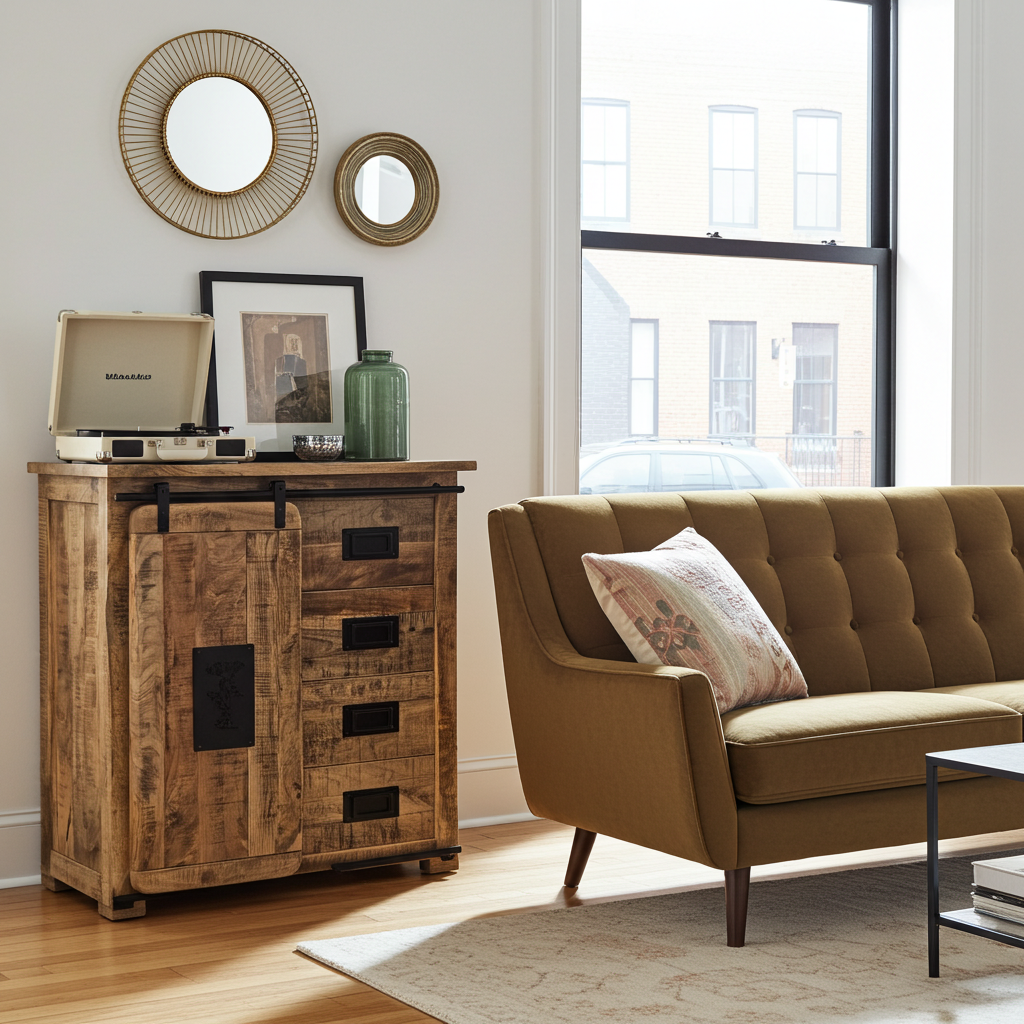 Meuble Commode Farmhouse en bois de manguier brut porte coulissante