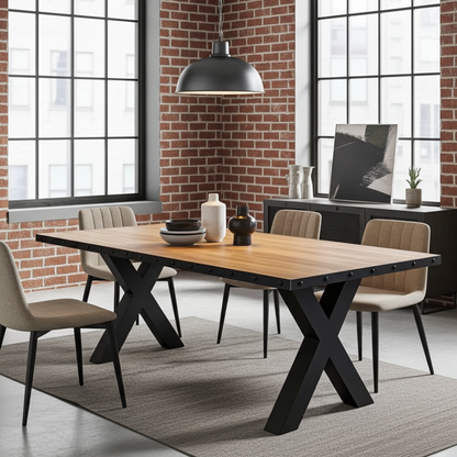 Table à dîner industrielle Pattes en X et son plateau de manguier avec bordure d'acier
