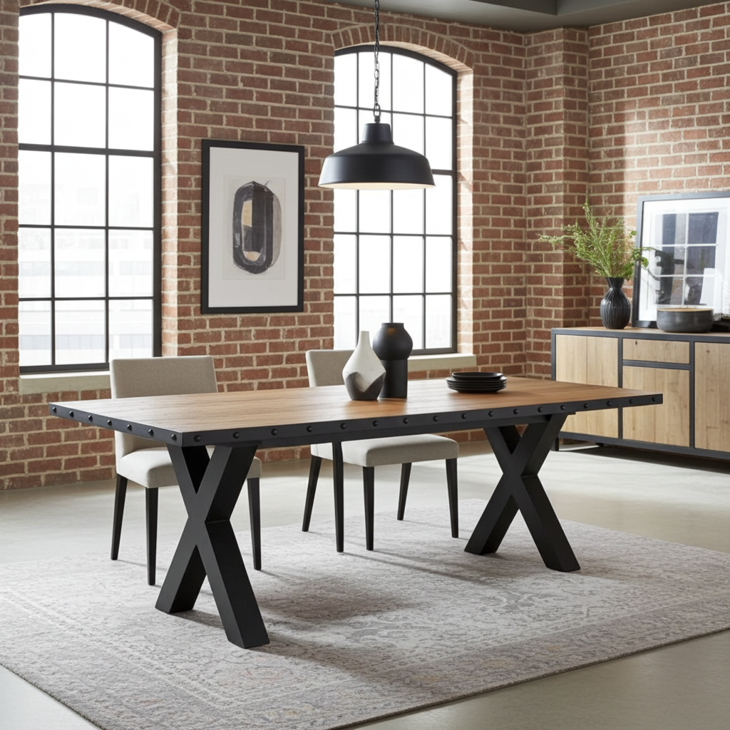 Table à dîner industrielle Pattes en X et son plateau de manguier avec bordure d'acier