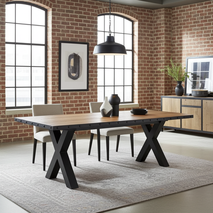 Table à dîner industrielle Pattes en X et son plateau de manguier avec bordure d'acier