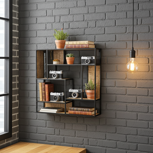 Étagère mural carrée en bois de manguier et acier noir